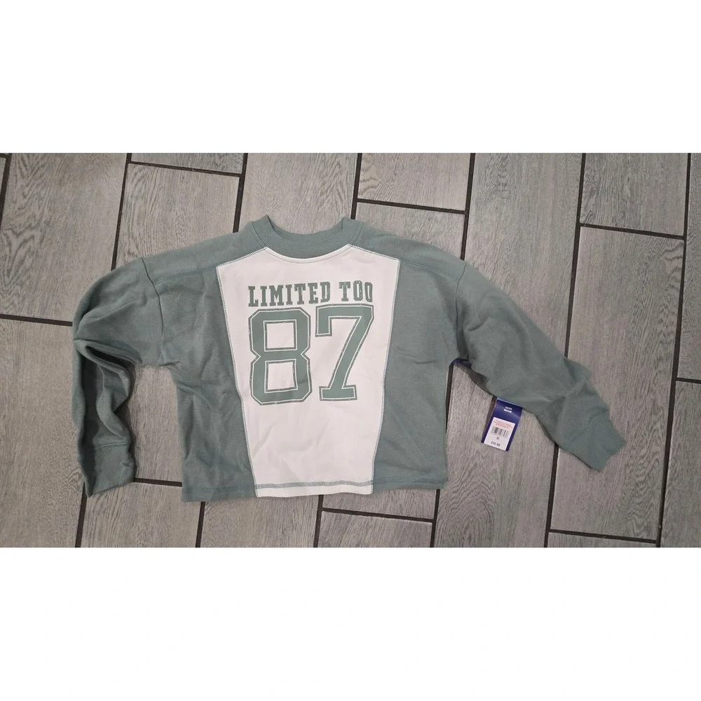 Limited Too Girls Sage Green White Colorblock 87 Graphic Sweatshirt Size S 7/8